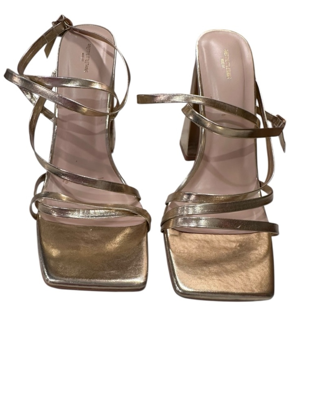 PTL PrettyLittleThing Wide Fit GOLD SQUARE TOE STRAPPY BLOCK HEEL Sandals Size 7 - Picture 3 of 8